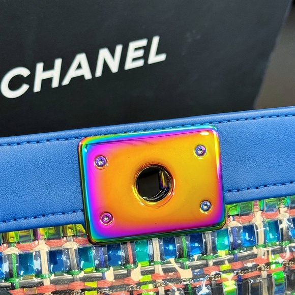 Chanel Old Small Boy Flap Bag Blue Rainbow Woven PVC with Lambskin Multicolor Gr - Picture 13 of 16